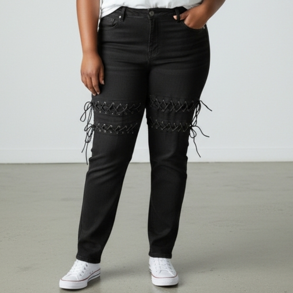 Ashley Stewart Curvy Girl Double Slit Lace Up Knees Black Jeans Women's 24 NWT